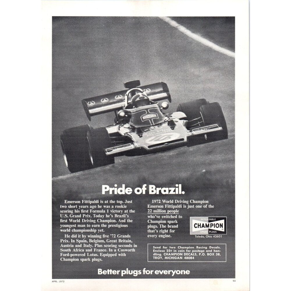 1973 Champion Spark Plugs Vintage Print Ad Emerson Fittipaldi Formula 1 Wall Art